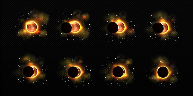 Sun and moon in solar eclipse in different phases