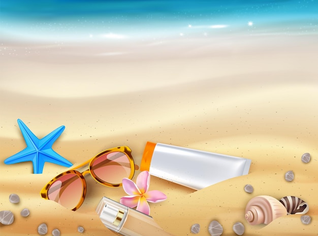 Sun protection cosmetics realistic composition with coastal scenery with sea and sand sunglasses and sunscreen cream vector illustration