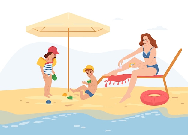 무료 벡터 어린이 및 어머니 벡터 삽화의 캐릭터가 있는 모래 해변의 야외 풍경과 함께 태양 보호 평면 구성