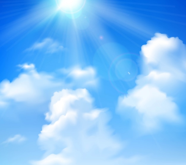 Free vector sun shining in blue sky with white clouds realistic background