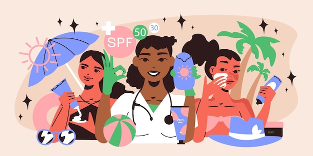 Бесплатное векторное изображение Плоская концепция солнцезащитного крема с женщинами, использующими векторную иллюстрацию солнцезащитных кремов