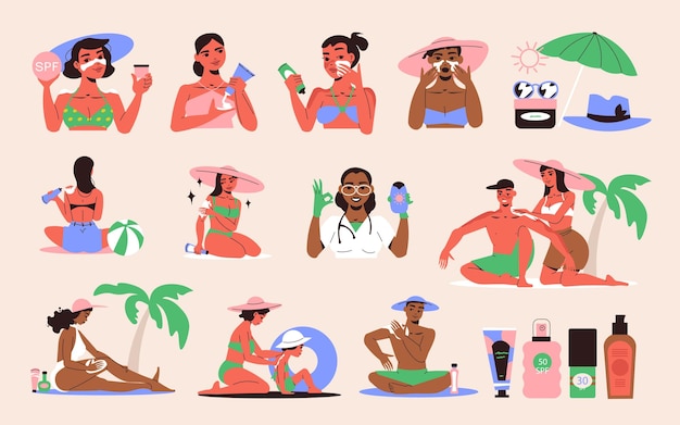 Free vector sunblock flat icons set with people applying sunscreen lotions on sea beach isolated vector illustration