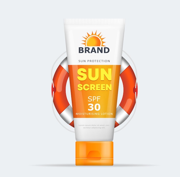 Sunblock tube lotion cream sunscreen mousturizing cream package vector illustration