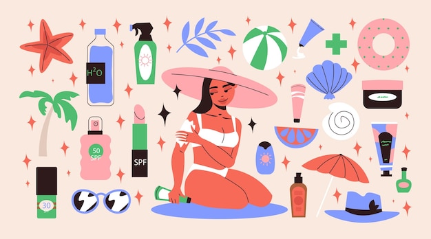 Vettore gratuito le icone piatte di sunblockg messe con la donna in bikini che appying prodotto di protezione solare hanno isolato l'illustrazione di vettore
