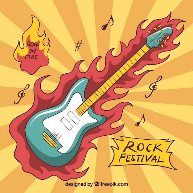 Free vector sunburst background of flaming guitar