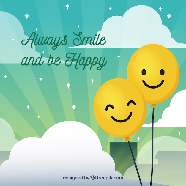 Sunburst background with clouds and happy balloons