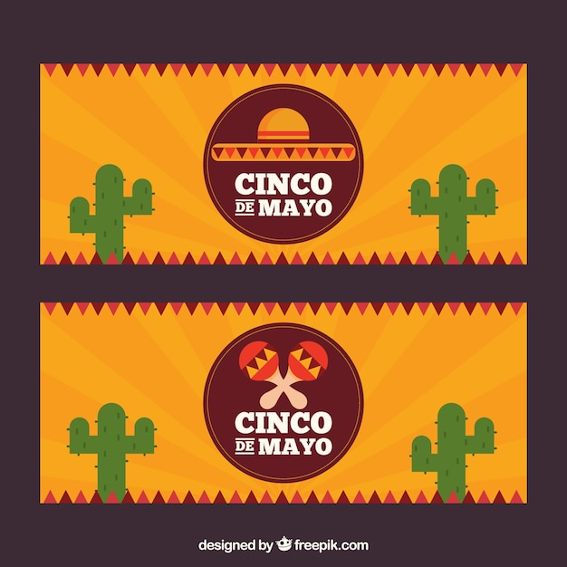 Sunburst banners with cactus for cinco de mayo