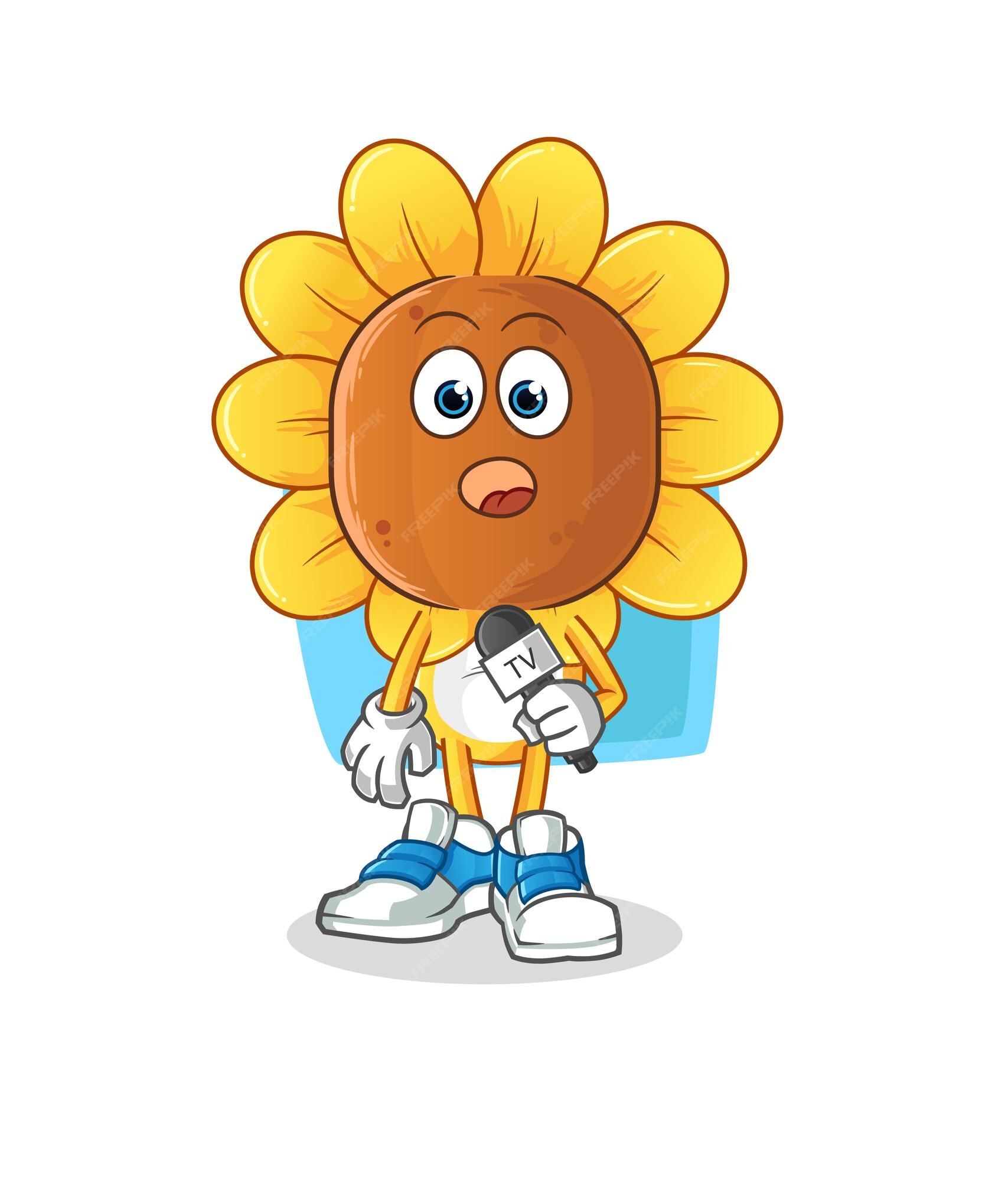 Premium Vector | Sunflower head cartoon tv reporter cartoon mascot vector