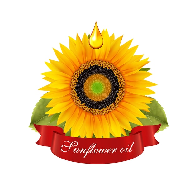 Sunflower oil realistic emblem with flower leaves and red ribbon isolated on white background vector illustration