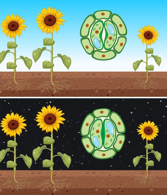 Close 및 open stomata 벡터가 있는 해바라기