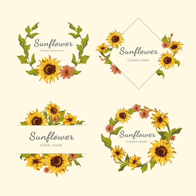 Sunflower wreath and badge vector set