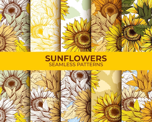 Sunflowers seamless patterns set