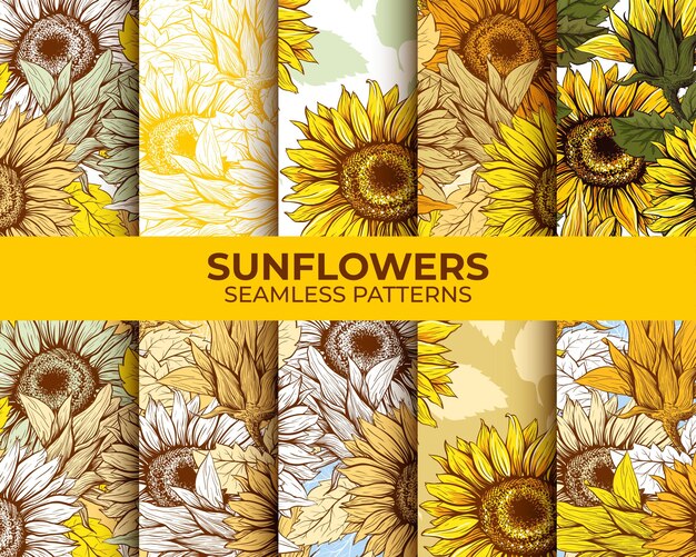 Sunflowers seamless patterns set