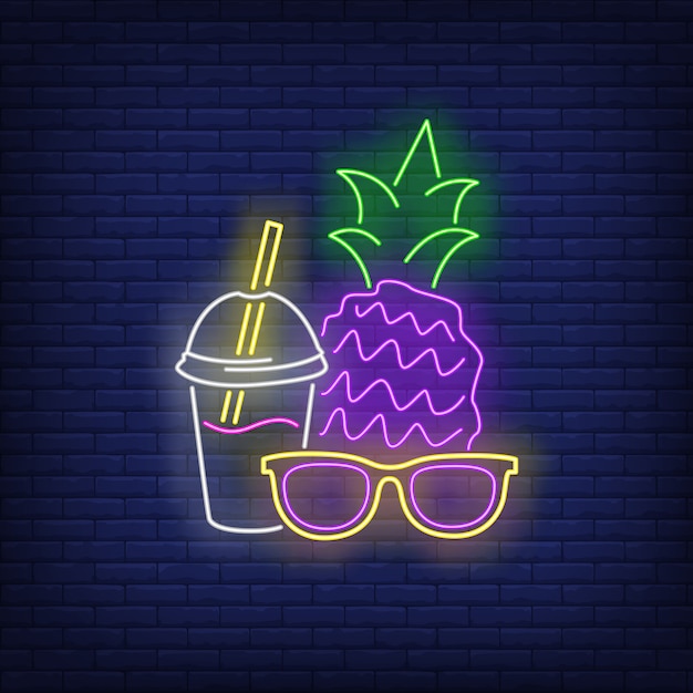 Vettore gratuito insegna al neon di occhiali da sole, ananas e cocktail