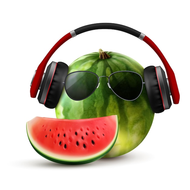 Free vector sunglasses realistic summer composition with watermelon in wireless headphones with glasses and slice