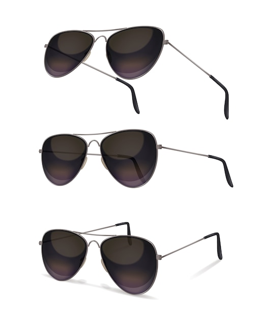 Sunglasses set with realistic images of aviator sunglasses from various angles with shadows on blank background
