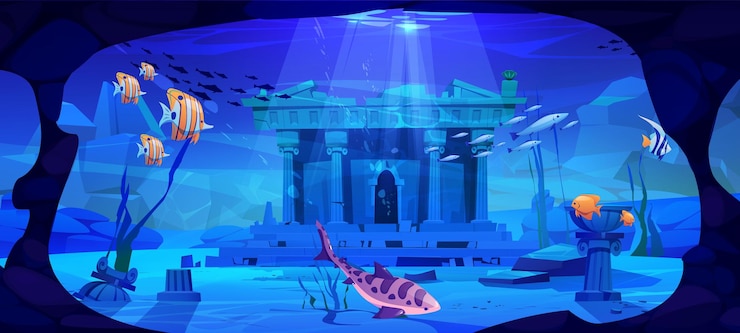 Free Vector sunken ancient temple ruins with fish