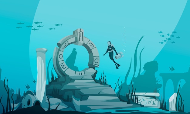 Затонувший мультфильм атлантиды под водой с древними руинами и иллюстрацией персонажа водителя