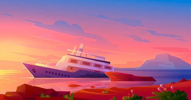 Free vector sunken cruise ship in ocean harbor at sunset