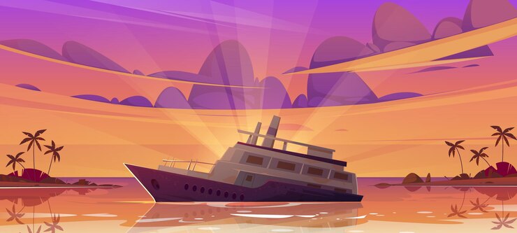 Free Vector sunken cruise ship in sea harbor at sunset