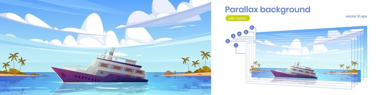 Free Vector sunken cruise ship in sea harbor with palm trees on sand beach. vector parallax background for 2d animation with cartoon tropical summer landscape with old passenger liner sinking in ocean