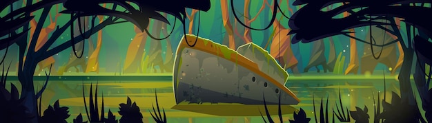 Sunken ship in swamp in tropical forest
