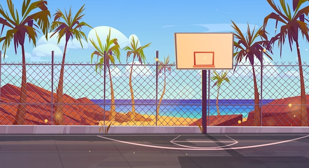 Free vector sunny day street basketball court near sea beach vector background school playground stadium with fence on ocean shore empty tropic sport arena with palm tree and blue sky with white clouds