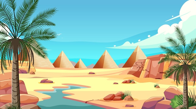 Солнечный пустынный оазис с пирамидами
