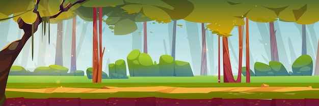 Sunny morning in green forest cartoon landscape