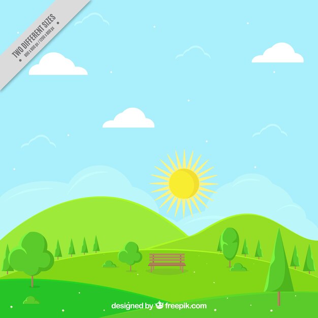 Sunny spring landscape background with a bench