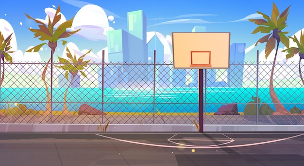 Sunny street basketball court and cityscape skyline outdoor playground for basket sport game near sea shore cartoon vector background empty school team arena stadium coast with skyscraper view