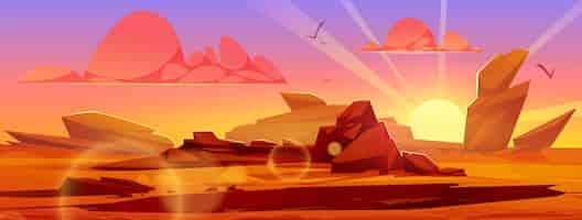 Free vector sunrise desert landscape under blazing sun in orange sky vector cartoon illustration of rocky canyon cliffs and sand hot red rock cliff wild territory with stones and flying birds game background