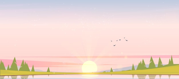 自由矢量日出景观与湖鸟在天空剪影在山上和树木在海岸自然风景卡通插图与黎明针叶林在河岸和太阳在地平线上