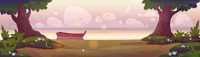 Free vector sunrise landscape wooden boat at shore vector