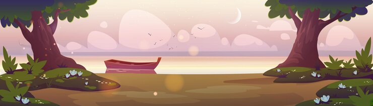 Free Vector sunrise landscape wooden boat at shore vector