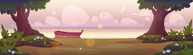 Sunrise landscape wooden boat at shore vector