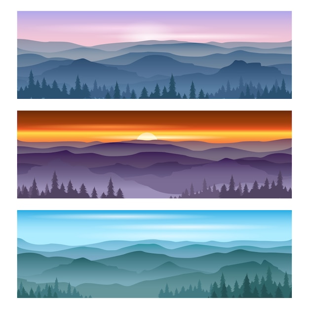 山の日の出と山の日没。ベクトルの背景風景、自然の夕日、屋外の日の出山のイラスト