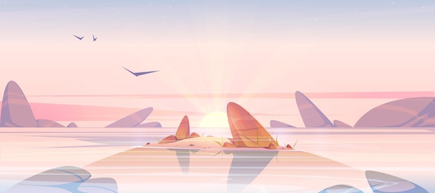 L'alba nell'oceano, il cielo rosa con il sole splendente sale in mare poco profondo con rocce che sporgono di acqua calma. bella vista rocciosa, sfondo del paesaggio naturale, la mattina presto. illustrazione vettoriale dei cartoni animati