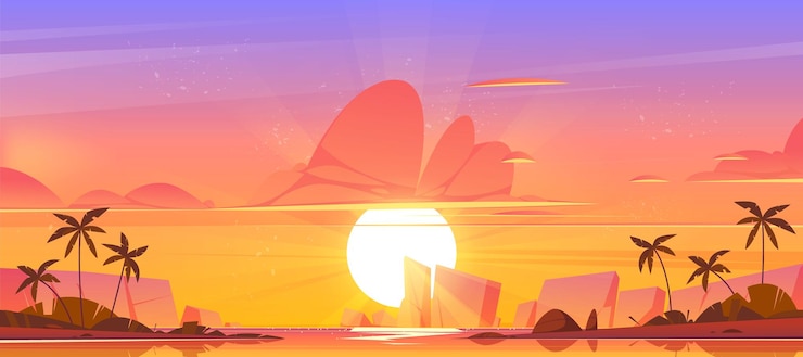 Free Vector sunrise sky in ocean on tropical island, orange pink heaven with sun going up the sea with palm trees and rocks around