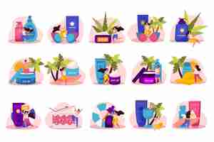 Free vector sunscreen skin care flat recolor set of isolated icons human characters tropical trees creams and sunglasses vector illustration