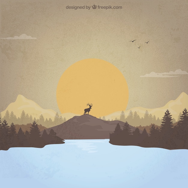 Free vector sunsent landscape with a deer