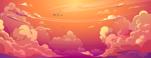 Free vector sunset anime cloud vector cartoon scene background summer cloudy weather air design beautiful pink orange and purple evening panorama wallpaper fluffy romantic horizon graphic illustration