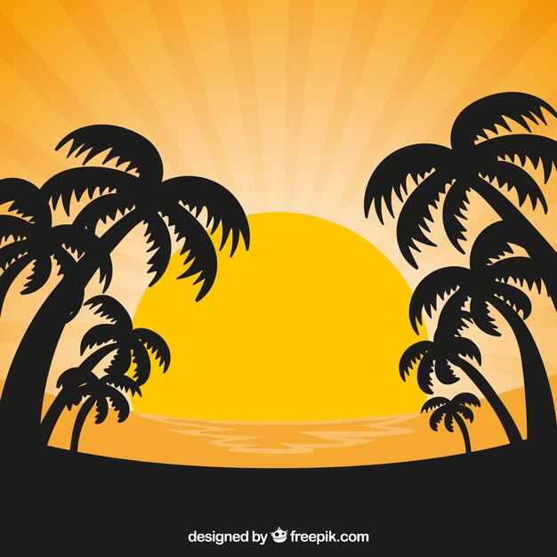 Sunset background with sun and silhouettes of palm trees