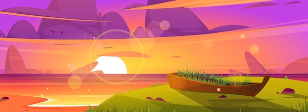 Free vector sunset beach and old wooden boat with growing grass inside. ocean landscape, purple clouds in sky with shining sun above sea water, scenery evening shore, nature background cartoon vector illustration