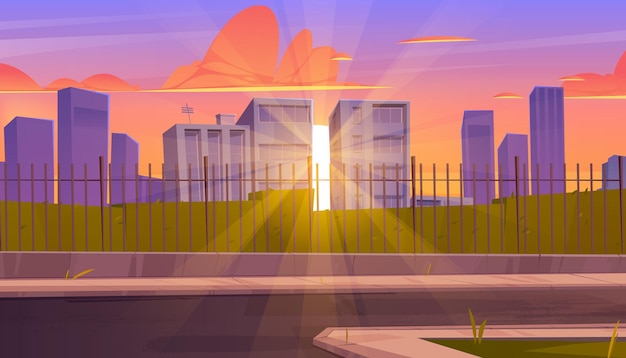 Sunset city skyline, urban background with sun