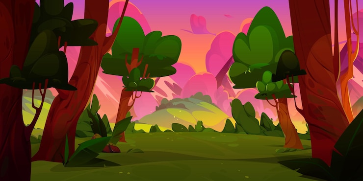 Free Vector sunset forest scene cartoon sunrise landscape