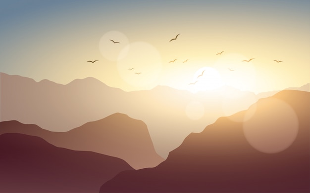 Sunset over hills with birds