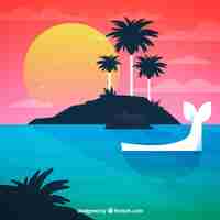 Free vector sunset island background with whale