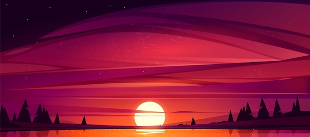 Vettore gratuito tramonto sul lago, cielo rosso con il sole che scende lo stagno circondato da alberi