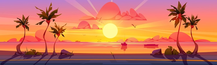 무료 Vector 야자수 바다와 일몰 풍경 해변 도로